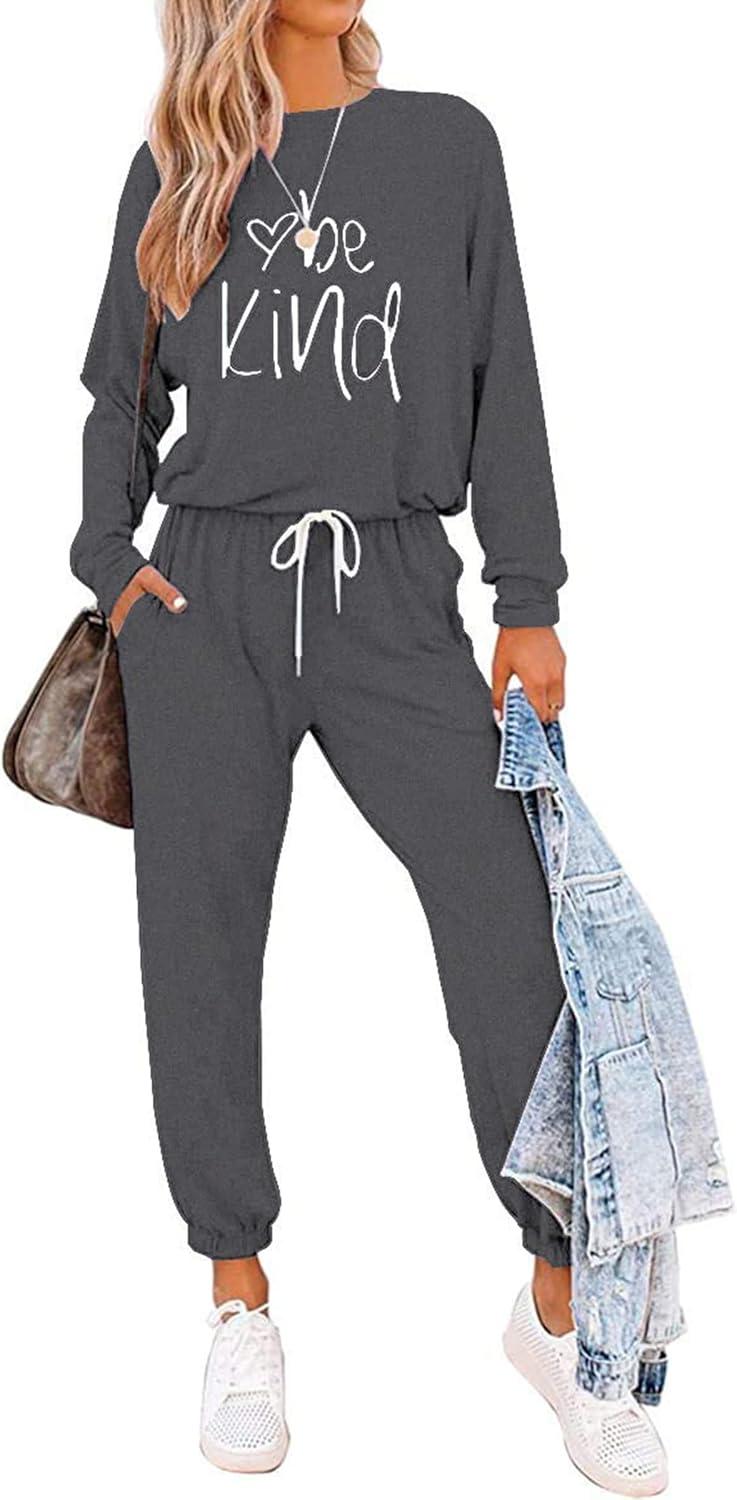 imagePRETTYGARDEN Women Fall 2 Piece Lounge Outfit Long Sleeve Tops High Waisted Jogger Pants Set Spring Travel Clothes TracksuitPatterneddark Grey