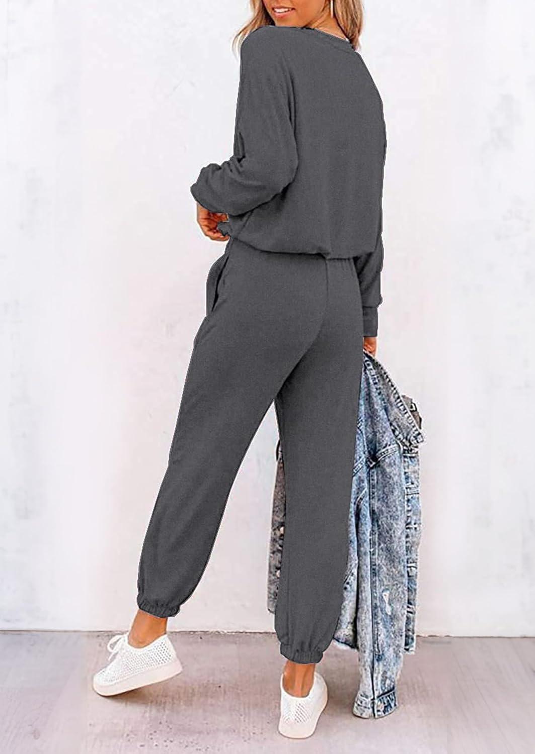 imagePRETTYGARDEN Women Fall 2 Piece Lounge Outfit Long Sleeve Tops High Waisted Jogger Pants Set Spring Travel Clothes TracksuitPatterneddark Grey