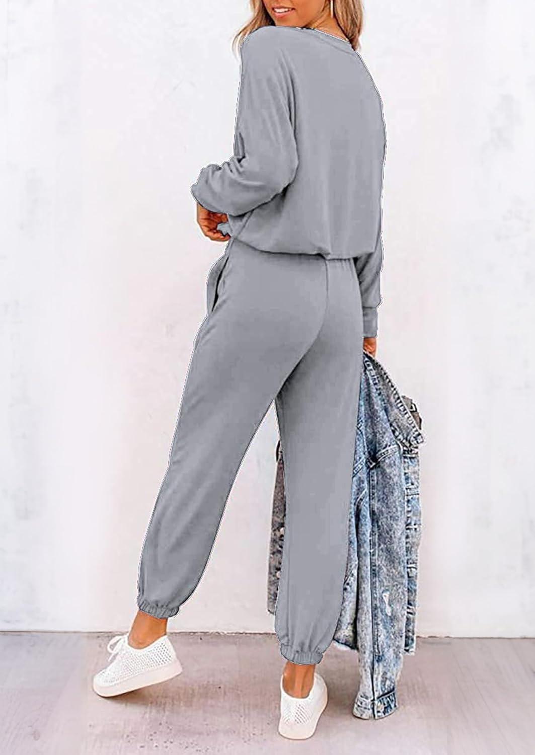 imagePRETTYGARDEN Women Fall 2 Piece Lounge Outfit Long Sleeve Tops High Waisted Jogger Pants Set Spring Travel Clothes TracksuitPatternedgrey