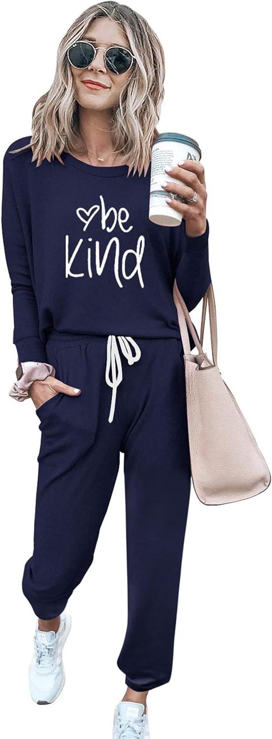 imagePRETTYGARDEN Women Fall 2 Piece Lounge Outfit Long Sleeve Tops High Waisted Jogger Pants Set Spring Travel Clothes TracksuitPatternednavy