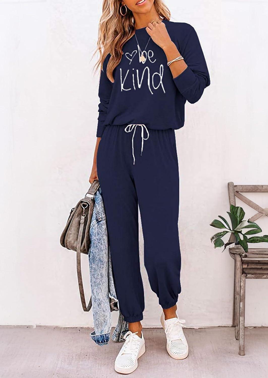 imagePRETTYGARDEN Women Fall 2 Piece Lounge Outfit Long Sleeve Tops High Waisted Jogger Pants Set Spring Travel Clothes TracksuitPatternednavy