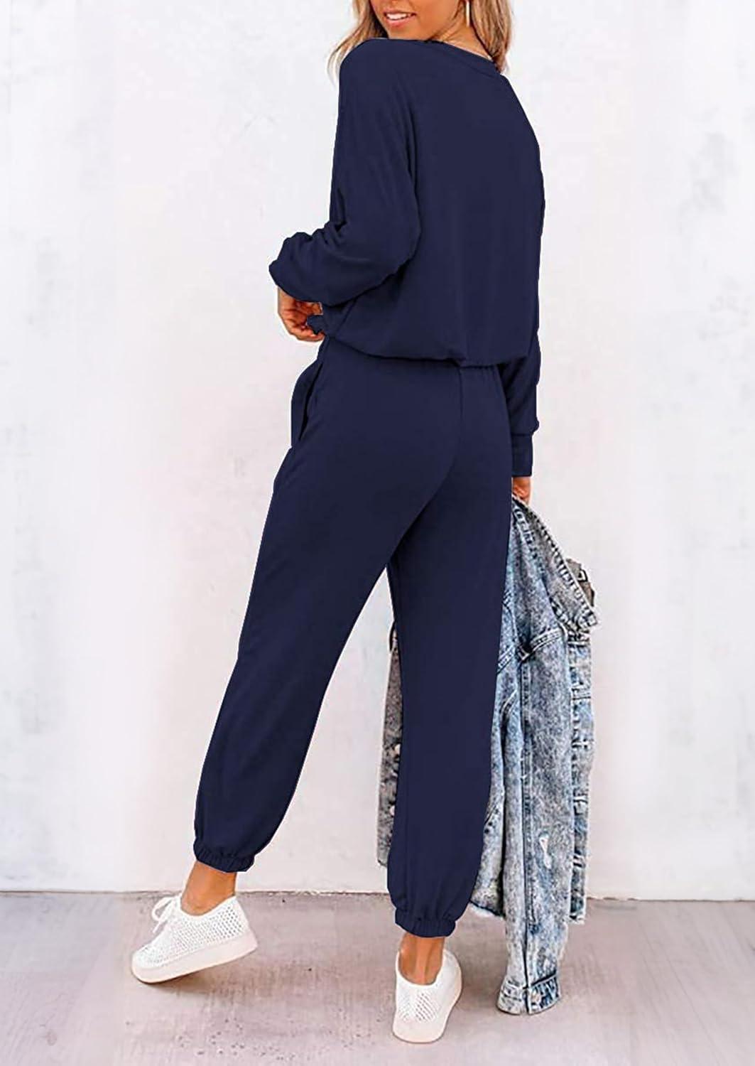 imagePRETTYGARDEN Women Fall 2 Piece Lounge Outfit Long Sleeve Tops High Waisted Jogger Pants Set Spring Travel Clothes TracksuitPatternednavy