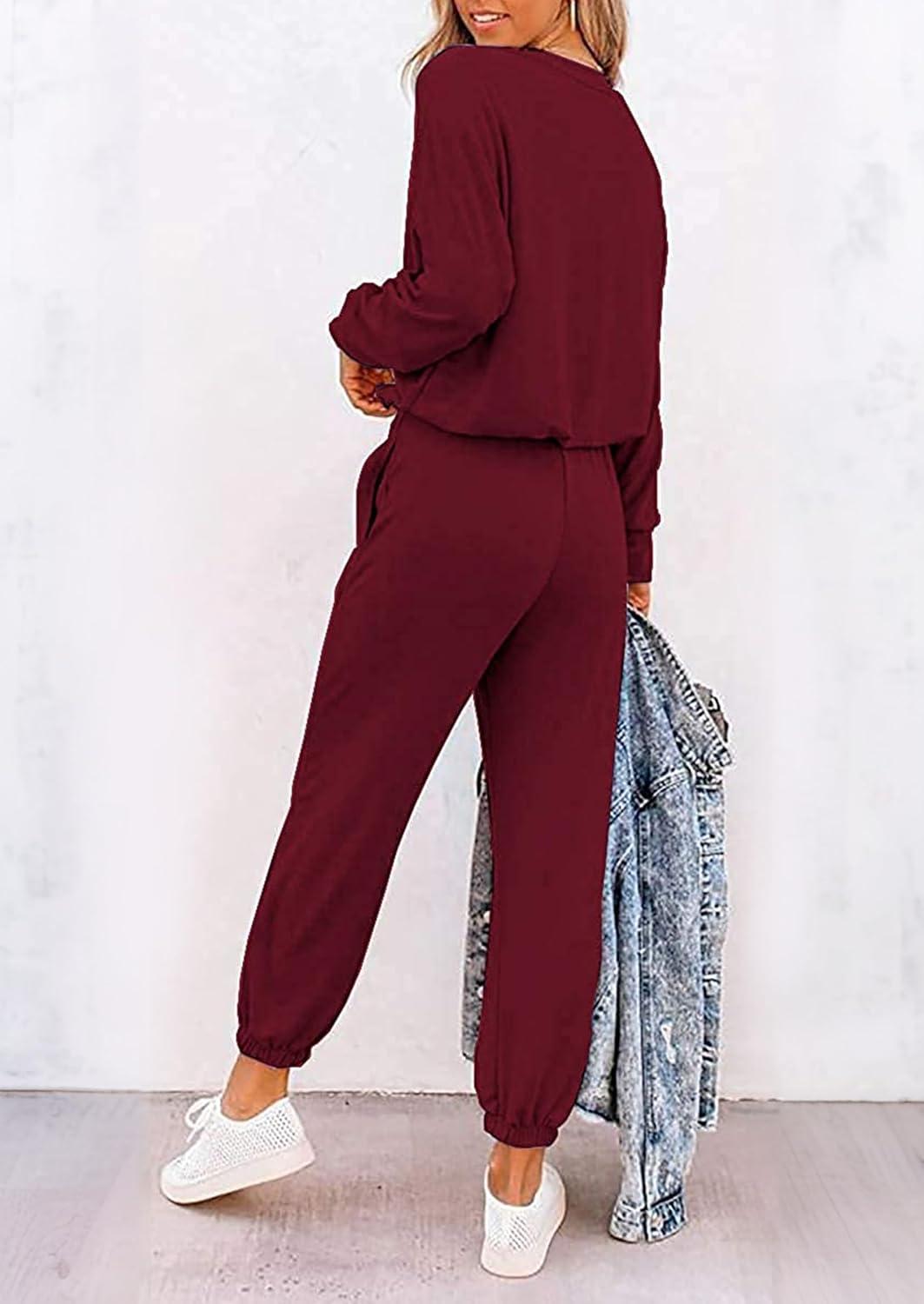 imagePRETTYGARDEN Women Fall 2 Piece Lounge Outfit Long Sleeve Tops High Waisted Jogger Pants Set Spring Travel Clothes TracksuitPatternedwine Red