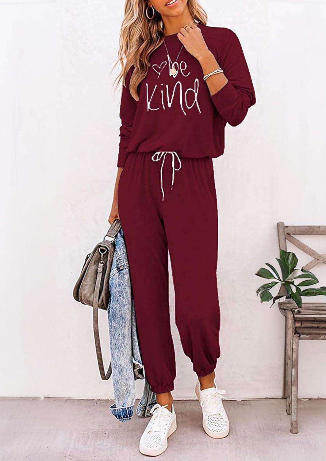 imagePRETTYGARDEN Women Fall 2 Piece Lounge Outfit Long Sleeve Tops High Waisted Jogger Pants Set Spring Travel Clothes TracksuitPatternedwine Red