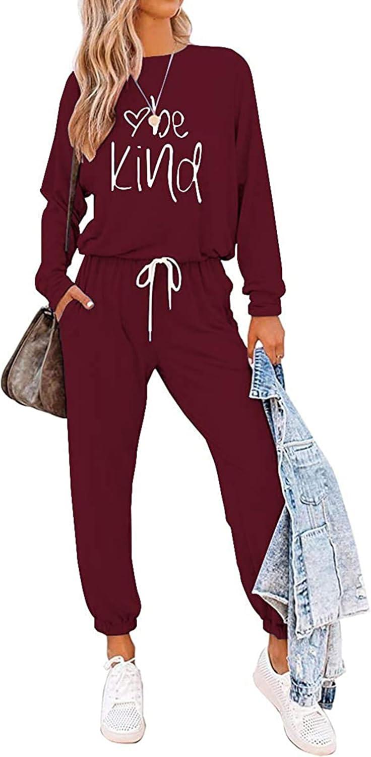 imagePRETTYGARDEN Women Fall 2 Piece Lounge Outfit Long Sleeve Tops High Waisted Jogger Pants Set Spring Travel Clothes TracksuitPatternedwine Red