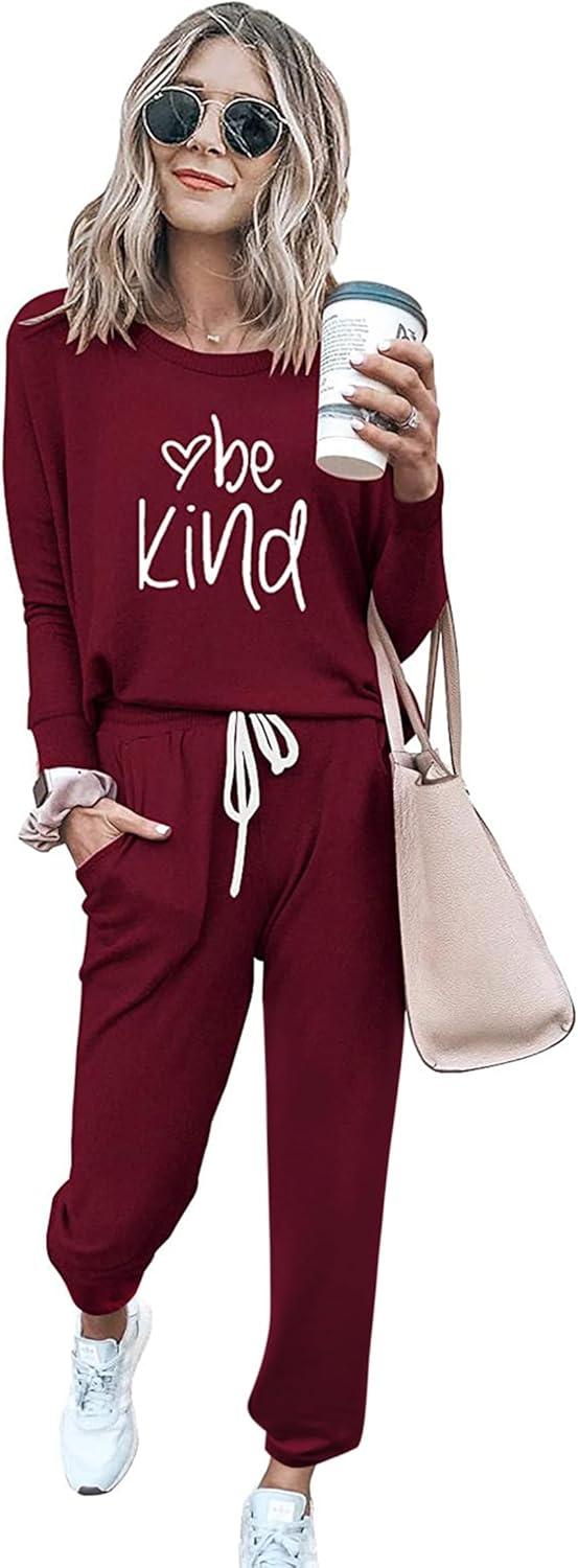 imagePRETTYGARDEN Women Fall 2 Piece Lounge Outfit Long Sleeve Tops High Waisted Jogger Pants Set Spring Travel Clothes TracksuitPatternedwine Red