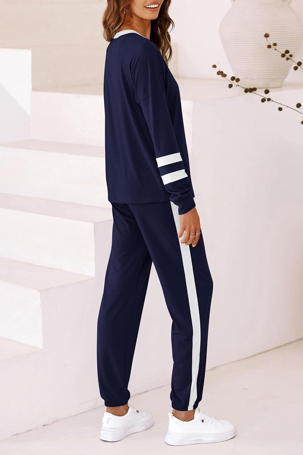 imagePRETTYGARDEN Women Fall 2 Piece Lounge Outfit Long Sleeve Tops High Waisted Jogger Pants Set Spring Travel Clothes TracksuitStriped Navy