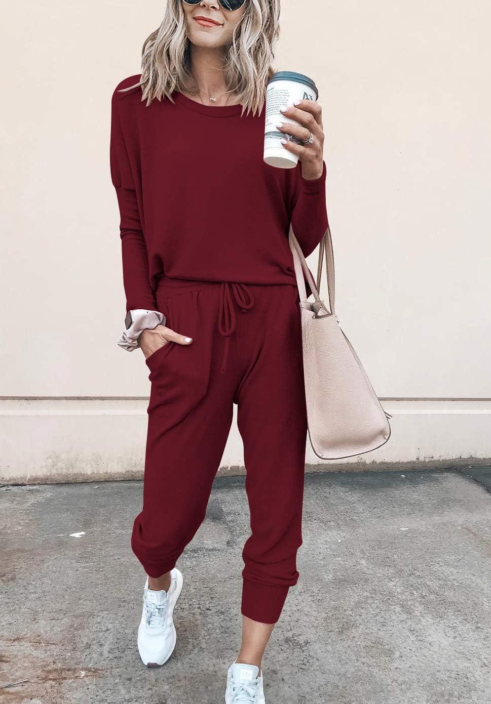 imagePRETTYGARDEN Women Fall 2 Piece Lounge Outfit Long Sleeve Tops High Waisted Jogger Pants Set Spring Travel Clothes TracksuitWine Red