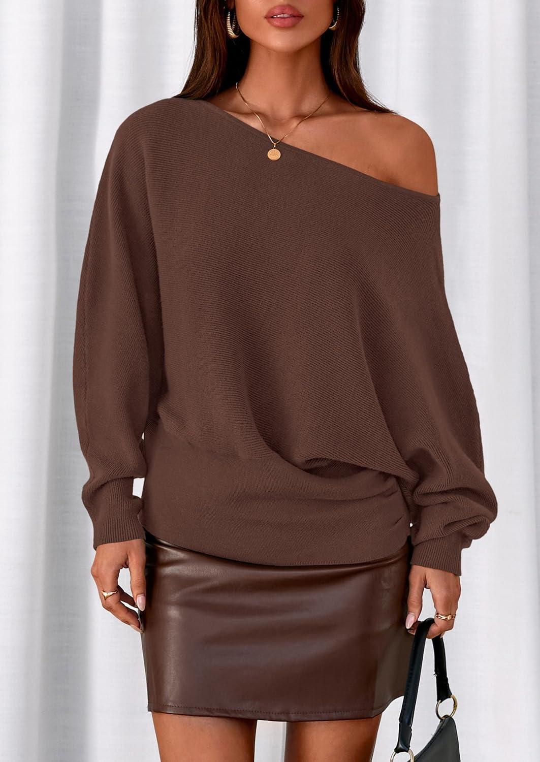 imagePRETTYGARDEN Women Off The Shoulder Sweater 2025 Fall Trendy Long Batwing Sleeve Knit Pullover Going Out Tops Winter ClothingBrown