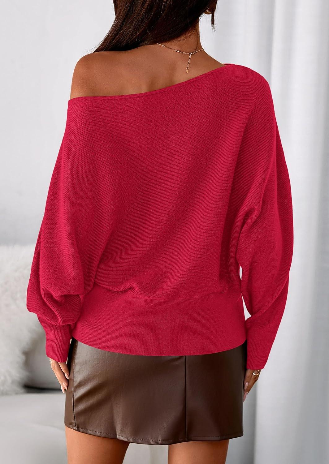 imagePRETTYGARDEN Women Off The Shoulder Sweater 2025 Fall Trendy Long Batwing Sleeve Knit Pullover Going Out Tops Winter ClothingRed