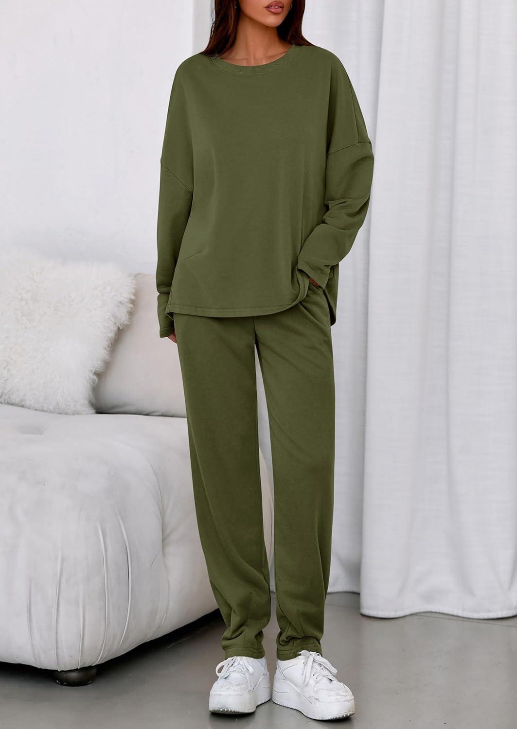 imagePRETTYGARDEN Womens 2 Piece Matching Lounge Sets 2025 Fall Long Sleeve Boatneck Sweatsuit Drawstring Sweatpants PocketsArmy Green