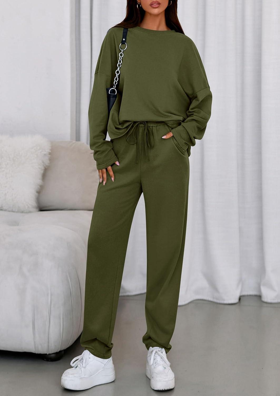 imagePRETTYGARDEN Womens 2 Piece Matching Lounge Sets 2025 Fall Long Sleeve Boatneck Sweatsuit Drawstring Sweatpants PocketsArmy Green