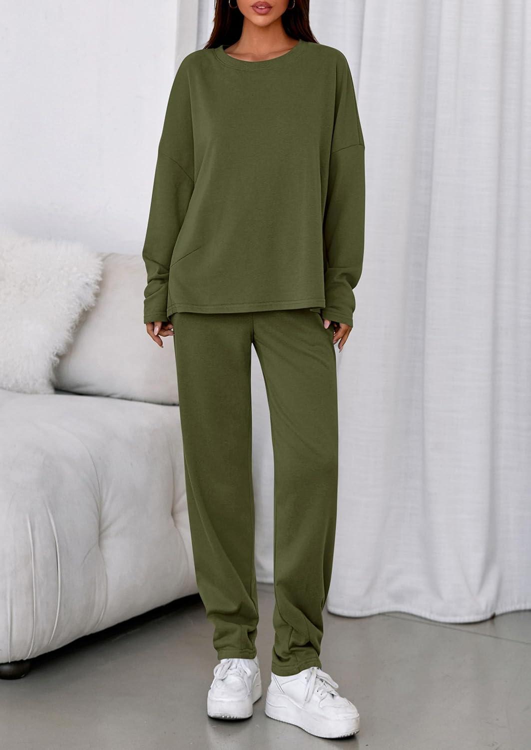 imagePRETTYGARDEN Womens 2 Piece Matching Lounge Sets 2025 Fall Long Sleeve Boatneck Sweatsuit Drawstring Sweatpants PocketsArmy Green
