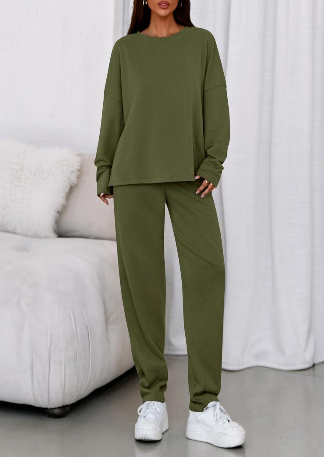 imagePRETTYGARDEN Womens 2 Piece Matching Lounge Sets 2025 Fall Long Sleeve Boatneck Sweatsuit Drawstring Sweatpants PocketsArmy Green