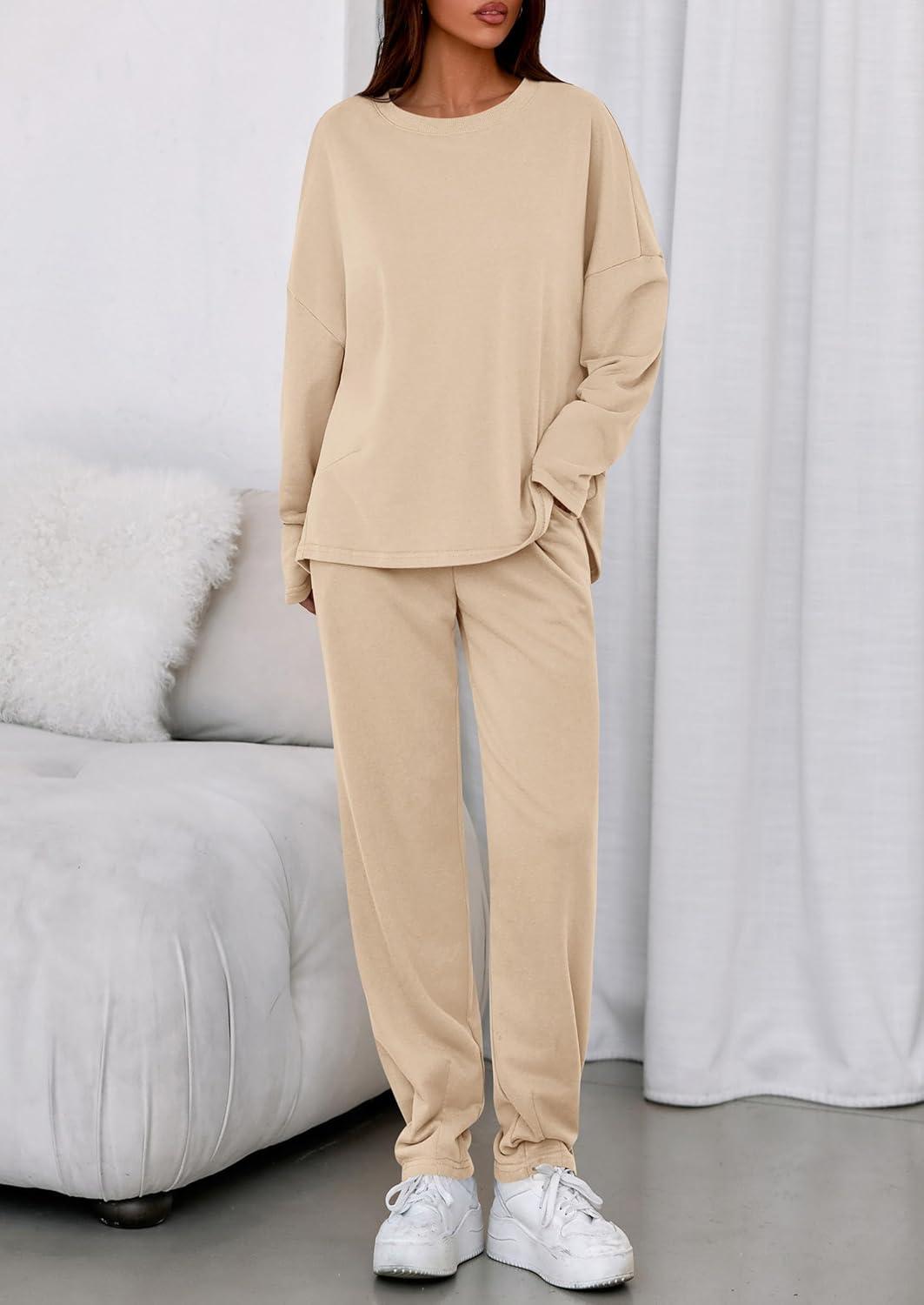 imagePRETTYGARDEN Womens 2 Piece Matching Lounge Sets 2025 Fall Long Sleeve Boatneck Sweatsuit Drawstring Sweatpants PocketsBeige