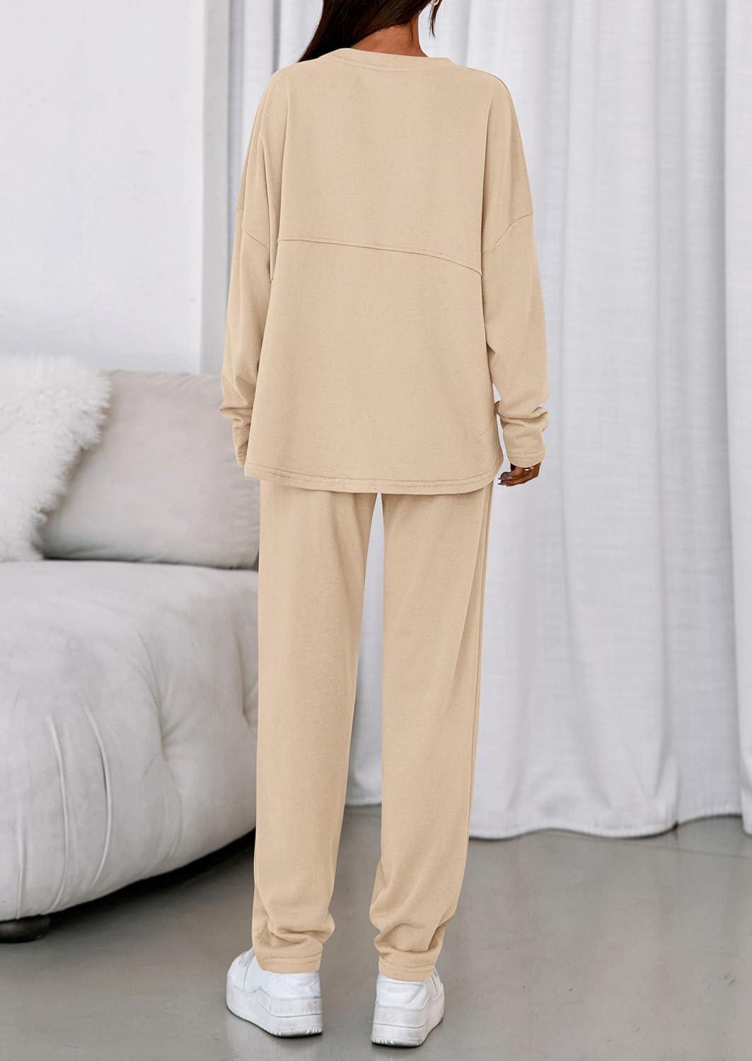 imagePRETTYGARDEN Womens 2 Piece Matching Lounge Sets 2025 Fall Long Sleeve Boatneck Sweatsuit Drawstring Sweatpants PocketsBeige