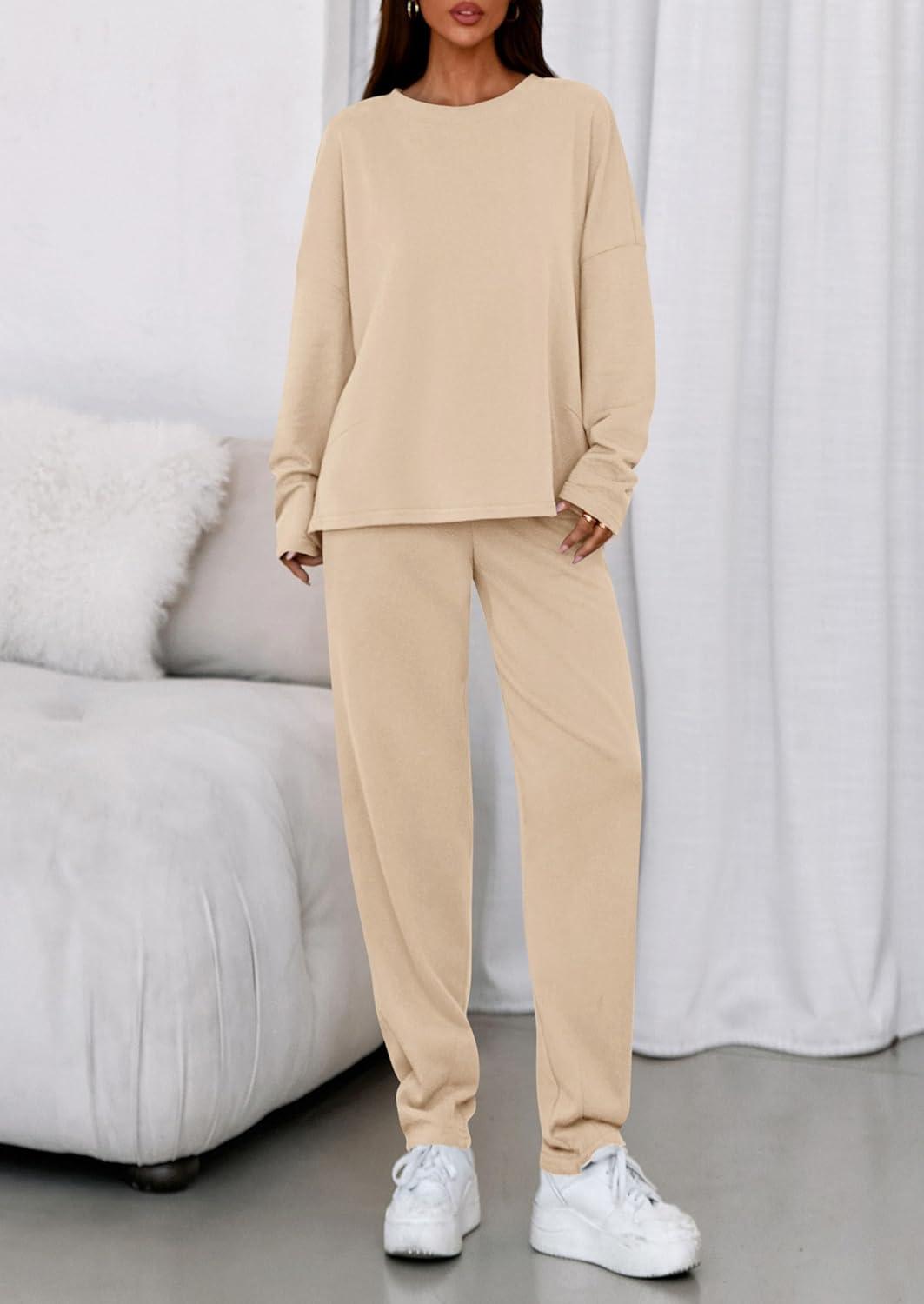 imagePRETTYGARDEN Womens 2 Piece Matching Lounge Sets 2025 Fall Long Sleeve Boatneck Sweatsuit Drawstring Sweatpants PocketsBeige