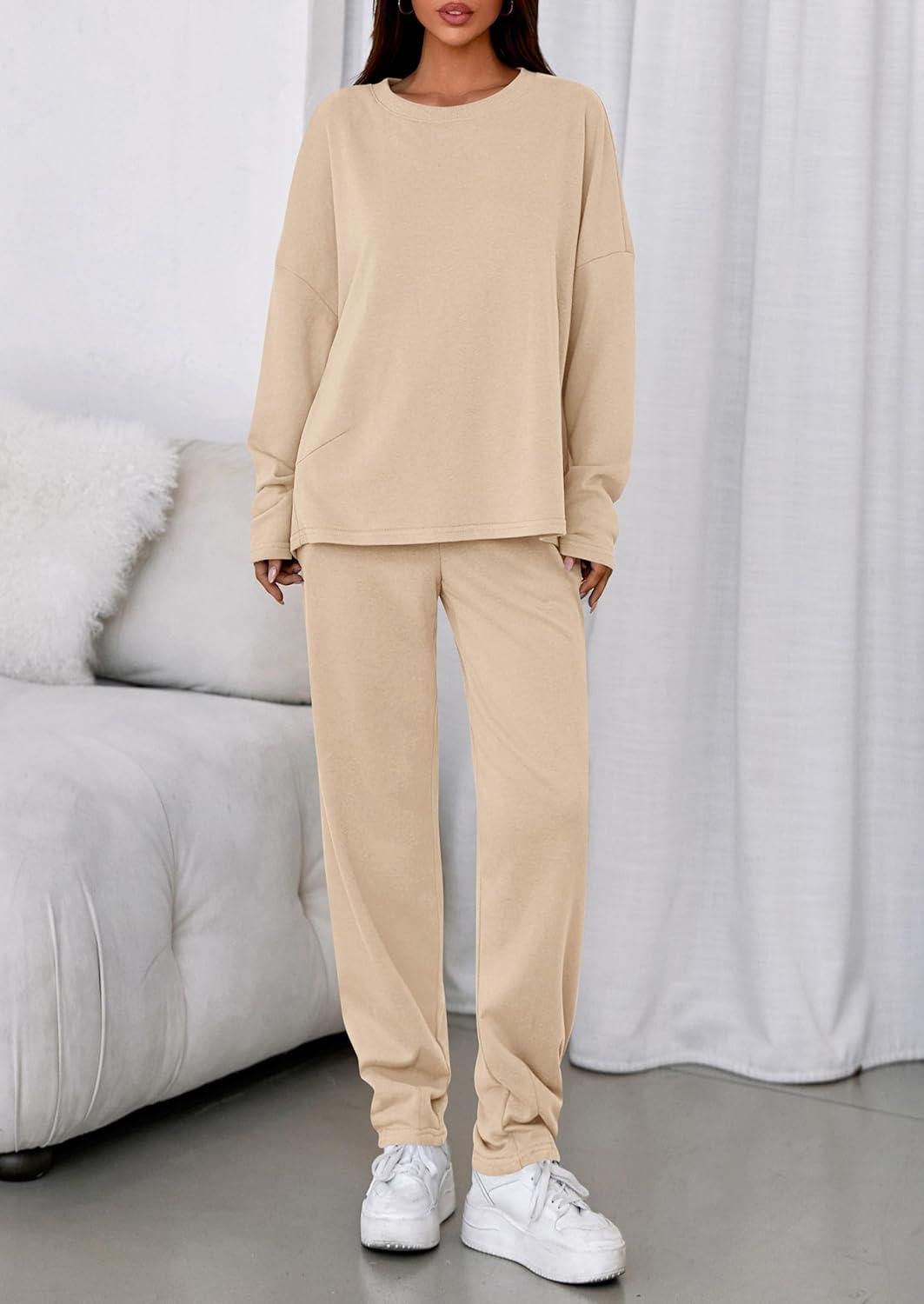 imagePRETTYGARDEN Womens 2 Piece Matching Lounge Sets 2025 Fall Long Sleeve Boatneck Sweatsuit Drawstring Sweatpants PocketsBeige