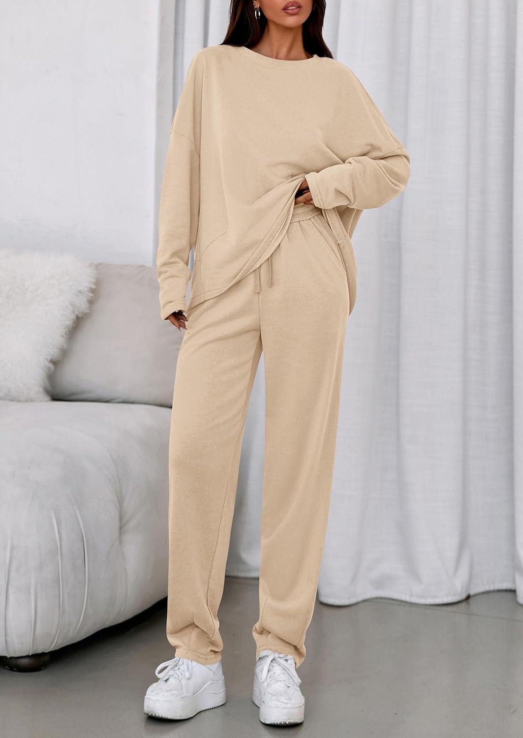 imagePRETTYGARDEN Womens 2 Piece Matching Lounge Sets 2025 Fall Long Sleeve Boatneck Sweatsuit Drawstring Sweatpants PocketsBeige