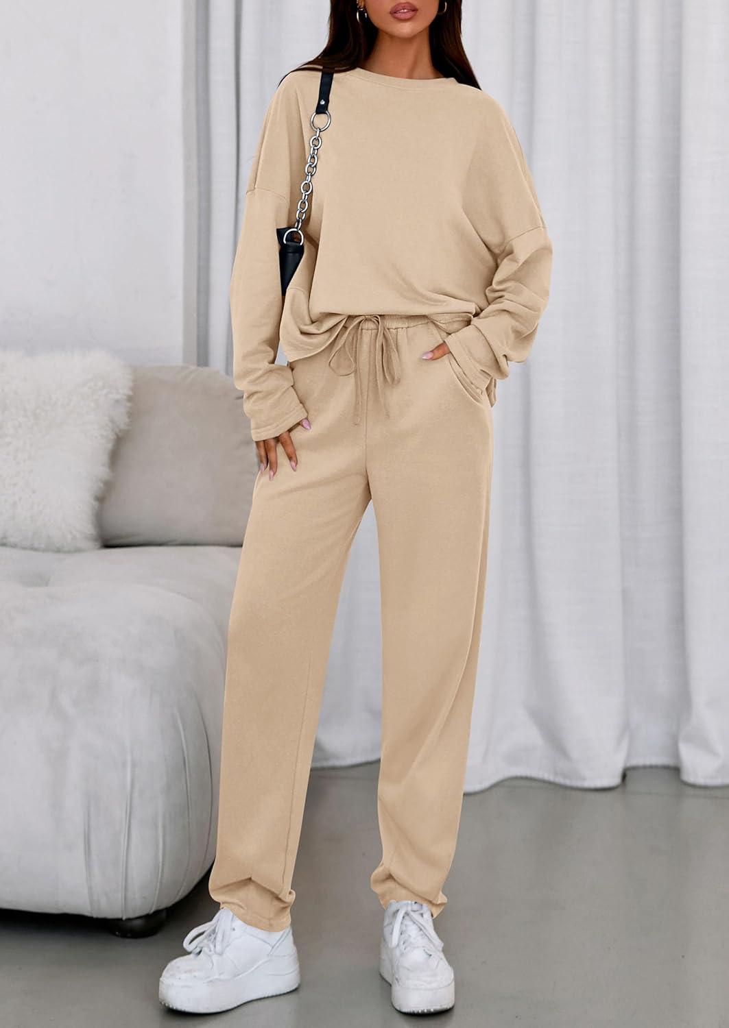 imagePRETTYGARDEN Womens 2 Piece Matching Lounge Sets 2025 Fall Long Sleeve Boatneck Sweatsuit Drawstring Sweatpants PocketsBeige