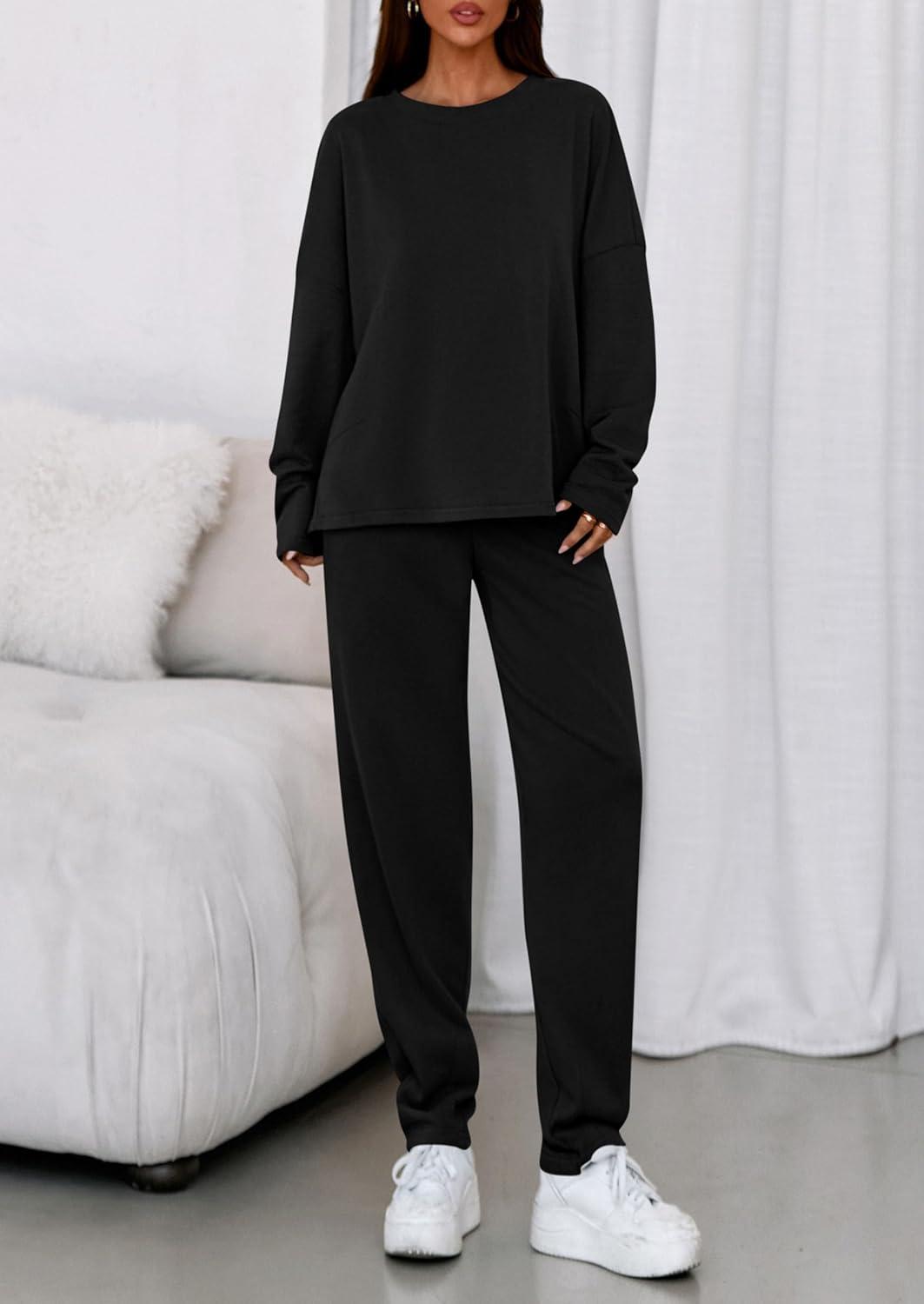 imagePRETTYGARDEN Womens 2 Piece Matching Lounge Sets 2025 Fall Long Sleeve Boatneck Sweatsuit Drawstring Sweatpants PocketsBlack
