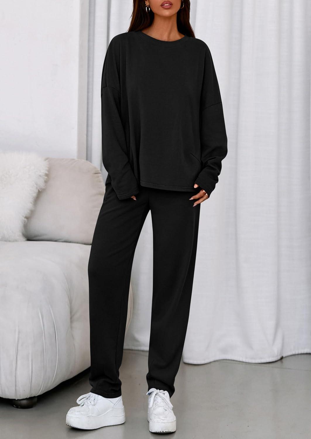 imagePRETTYGARDEN Womens 2 Piece Matching Lounge Sets 2025 Fall Long Sleeve Boatneck Sweatsuit Drawstring Sweatpants PocketsBlack