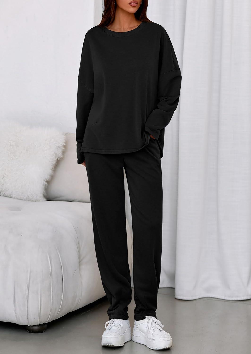 imagePRETTYGARDEN Womens 2 Piece Matching Lounge Sets 2025 Fall Long Sleeve Boatneck Sweatsuit Drawstring Sweatpants PocketsBlack