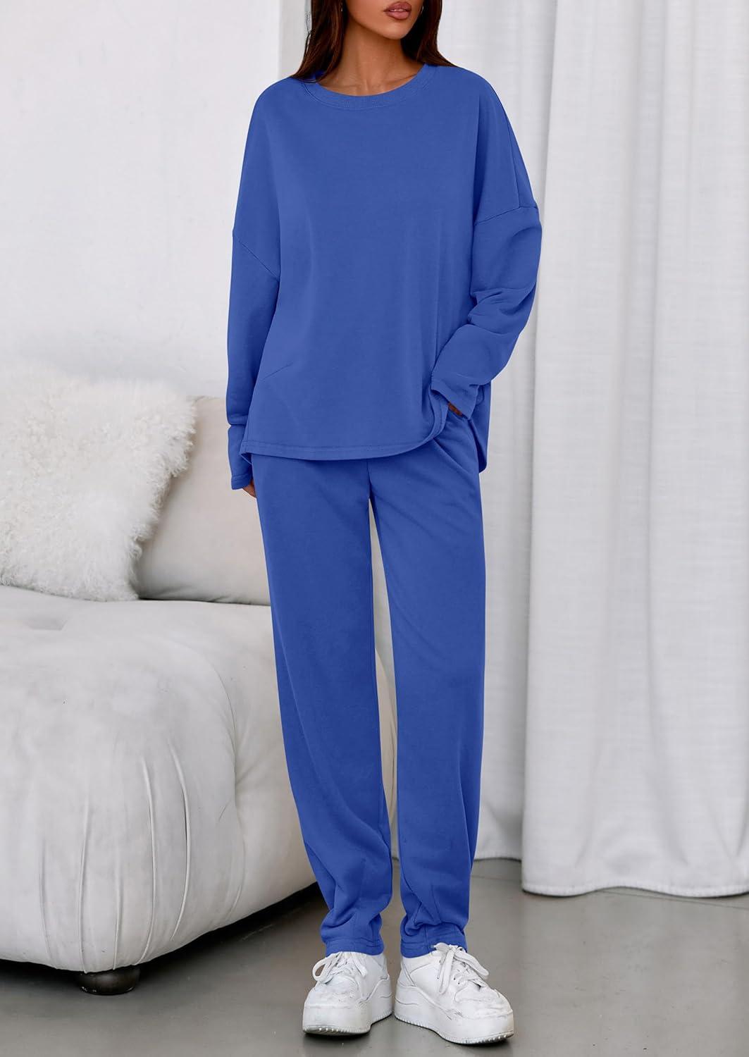 imagePRETTYGARDEN Womens 2 Piece Matching Lounge Sets 2025 Fall Long Sleeve Boatneck Sweatsuit Drawstring Sweatpants PocketsBlue