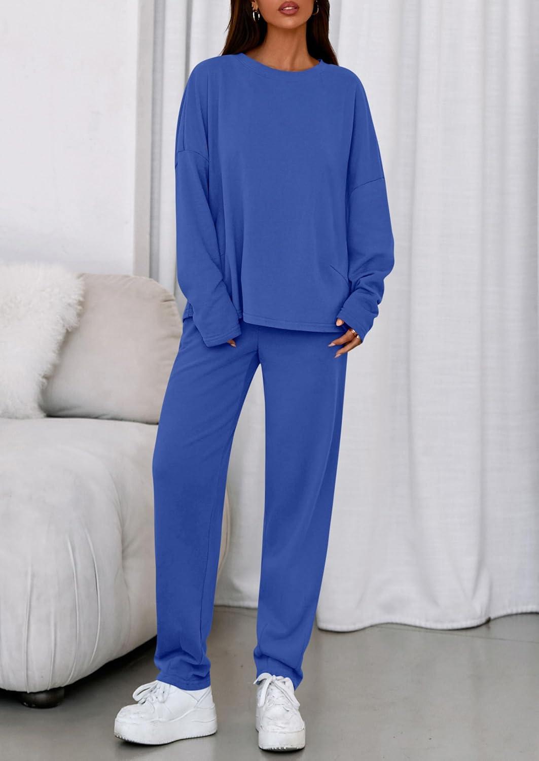 imagePRETTYGARDEN Womens 2 Piece Matching Lounge Sets 2025 Fall Long Sleeve Boatneck Sweatsuit Drawstring Sweatpants PocketsBlue