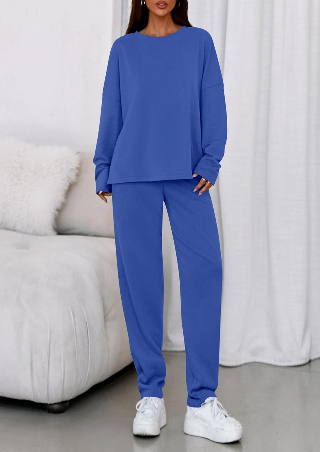 imagePRETTYGARDEN Womens 2 Piece Matching Lounge Sets 2025 Fall Long Sleeve Boatneck Sweatsuit Drawstring Sweatpants PocketsBlue