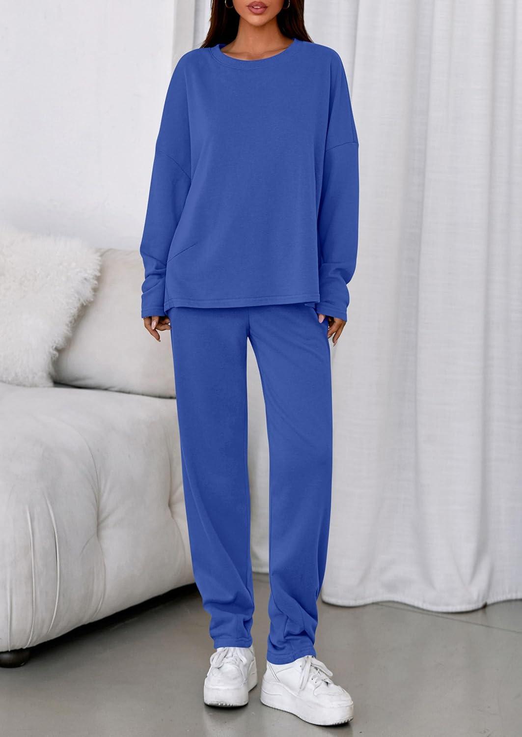 imagePRETTYGARDEN Womens 2 Piece Matching Lounge Sets 2025 Fall Long Sleeve Boatneck Sweatsuit Drawstring Sweatpants PocketsBlue