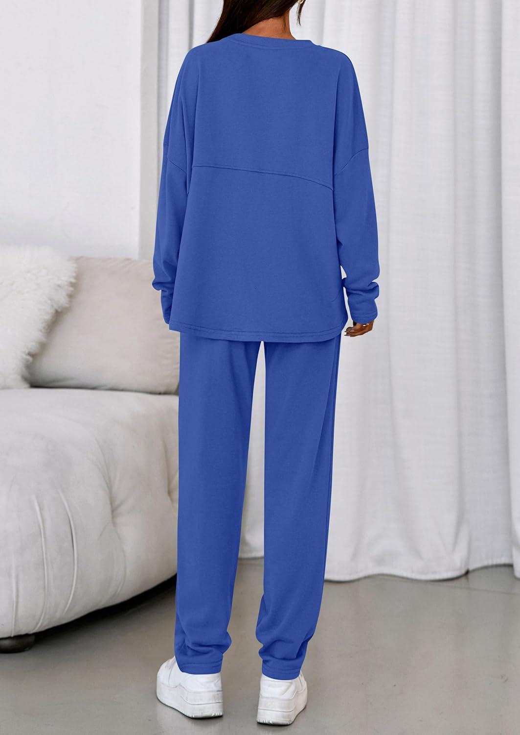 imagePRETTYGARDEN Womens 2 Piece Matching Lounge Sets 2025 Fall Long Sleeve Boatneck Sweatsuit Drawstring Sweatpants PocketsBlue