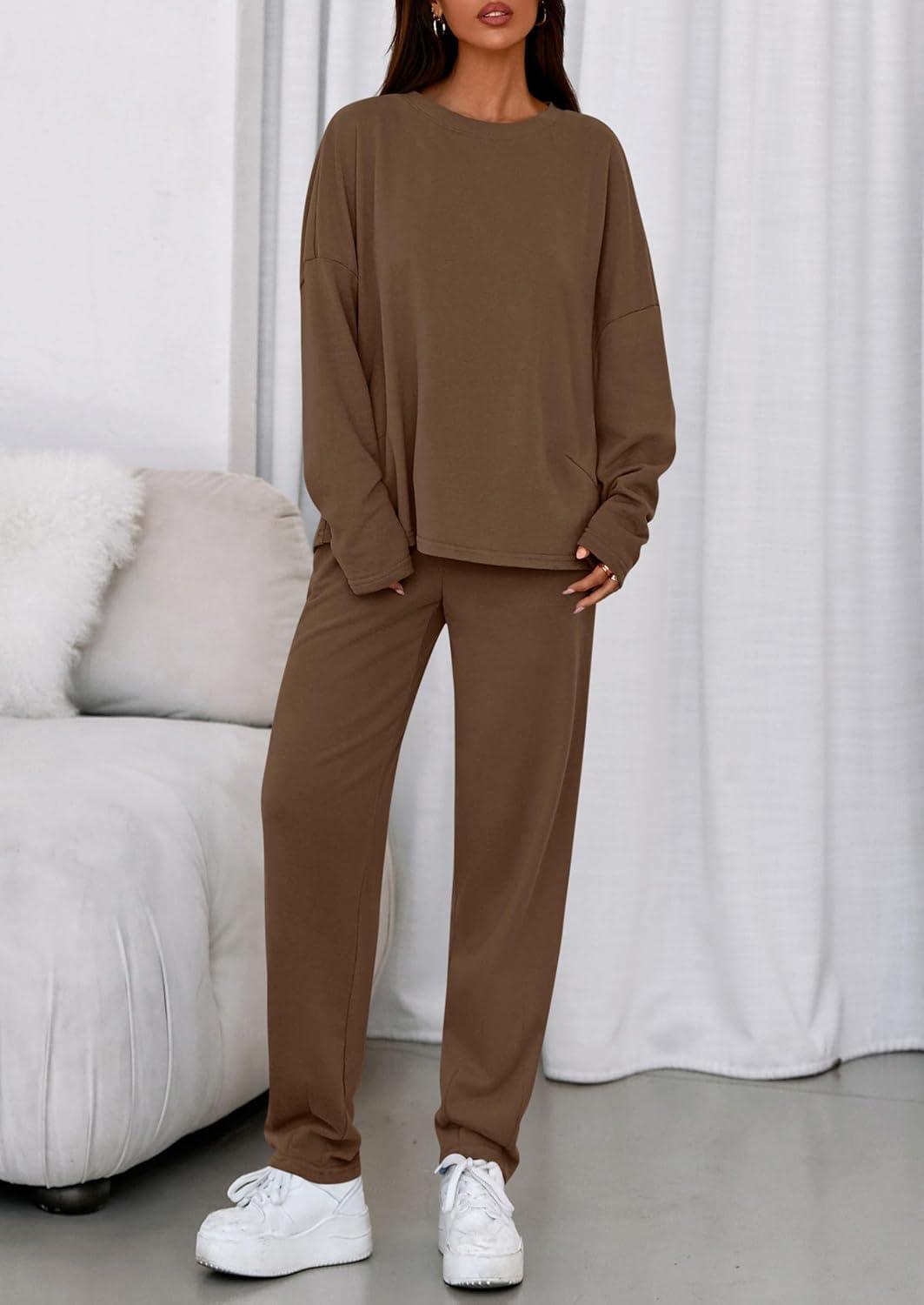imagePRETTYGARDEN Womens 2 Piece Matching Lounge Sets 2025 Fall Long Sleeve Boatneck Sweatsuit Drawstring Sweatpants PocketsBrown