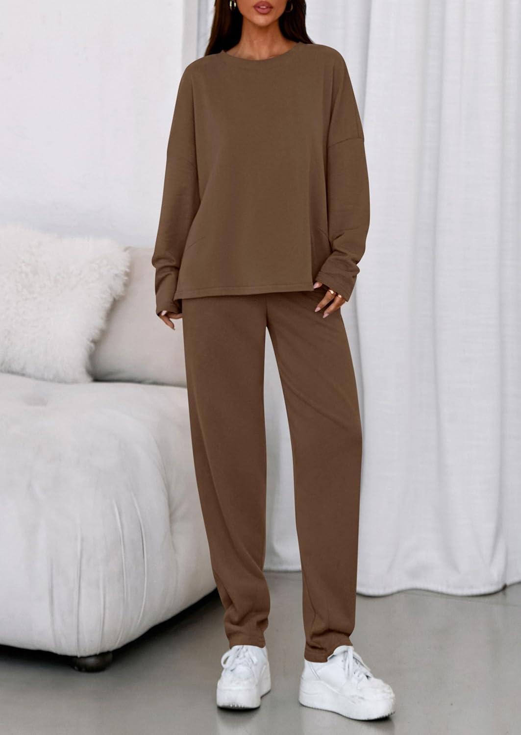 imagePRETTYGARDEN Womens 2 Piece Matching Lounge Sets 2025 Fall Long Sleeve Boatneck Sweatsuit Drawstring Sweatpants PocketsBrown