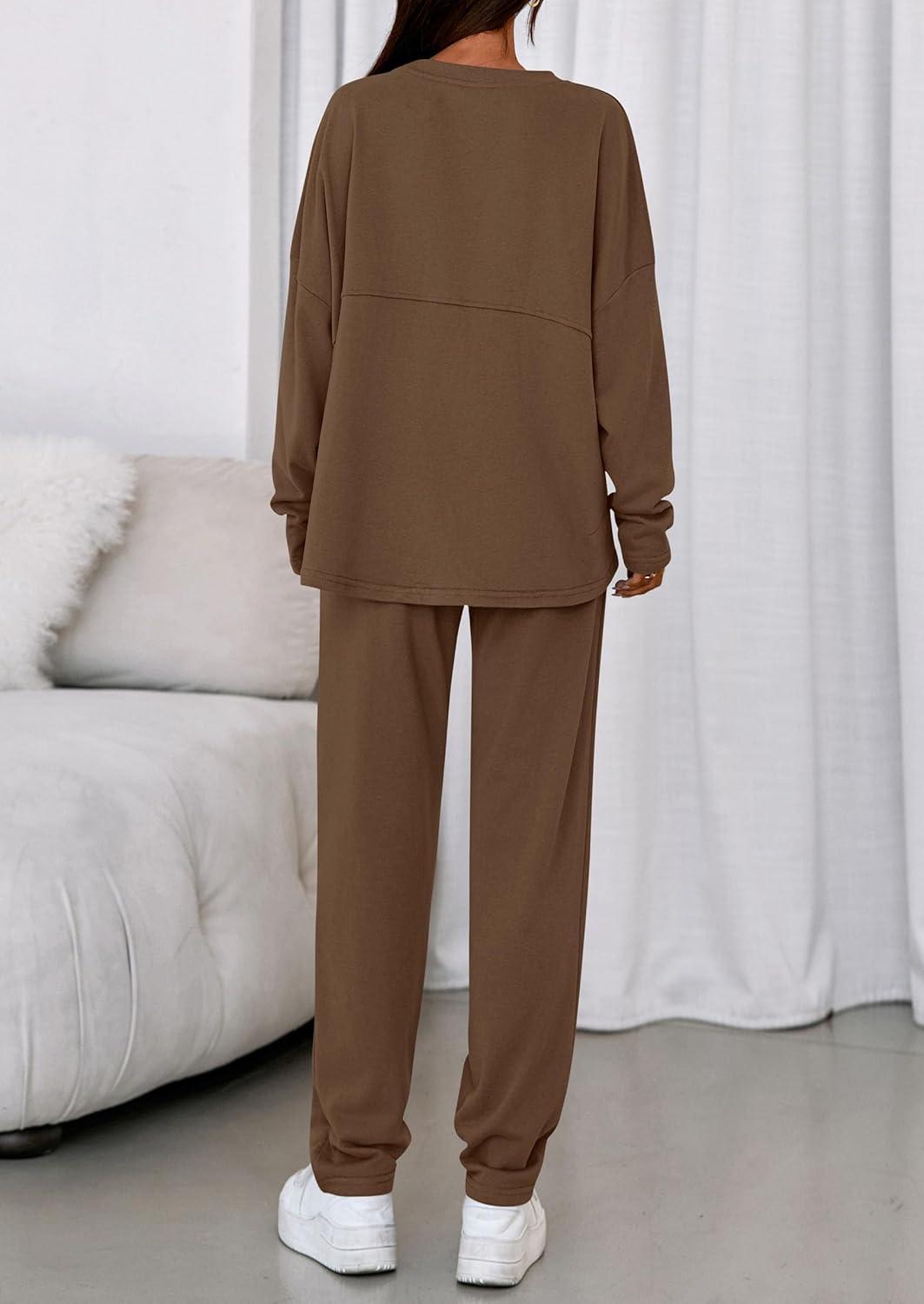 imagePRETTYGARDEN Womens 2 Piece Matching Lounge Sets 2025 Fall Long Sleeve Boatneck Sweatsuit Drawstring Sweatpants PocketsBrown