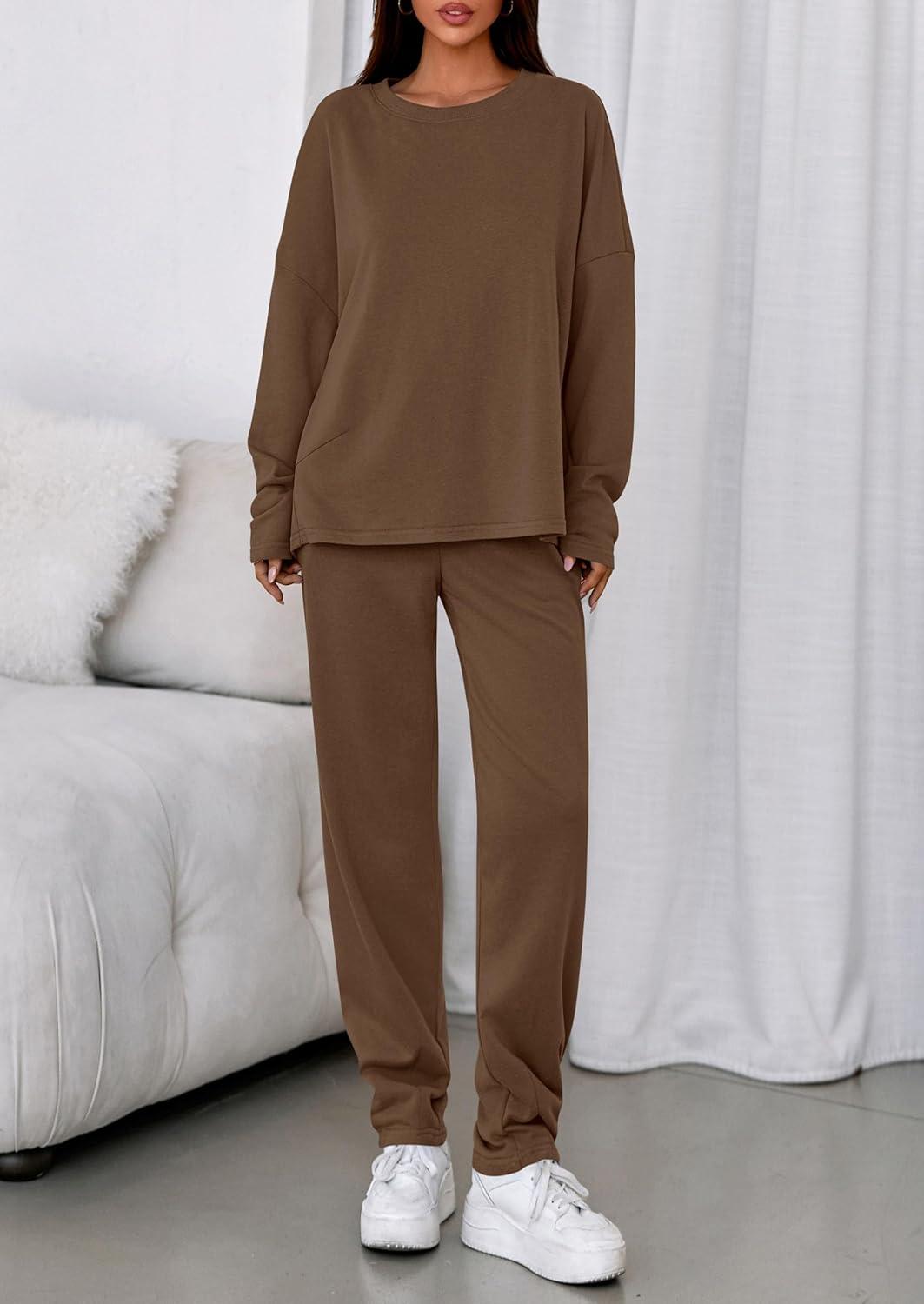 imagePRETTYGARDEN Womens 2 Piece Matching Lounge Sets 2025 Fall Long Sleeve Boatneck Sweatsuit Drawstring Sweatpants PocketsBrown