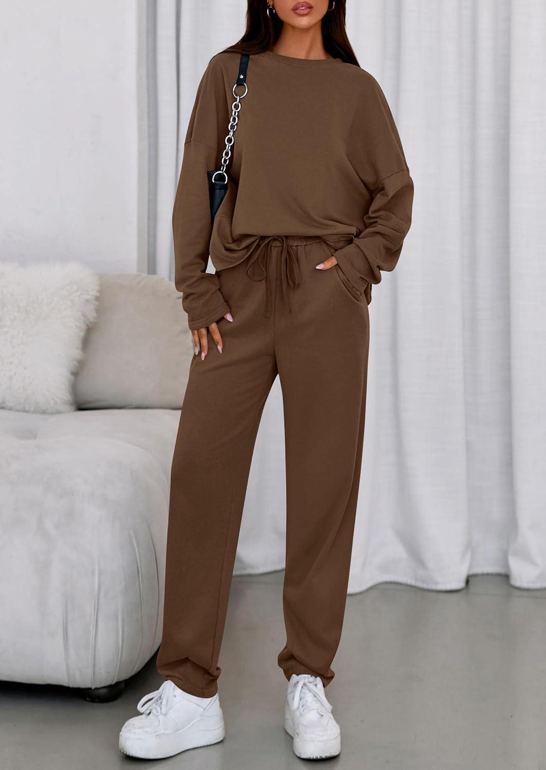 imagePRETTYGARDEN Womens 2 Piece Matching Lounge Sets 2025 Fall Long Sleeve Boatneck Sweatsuit Drawstring Sweatpants PocketsBrown