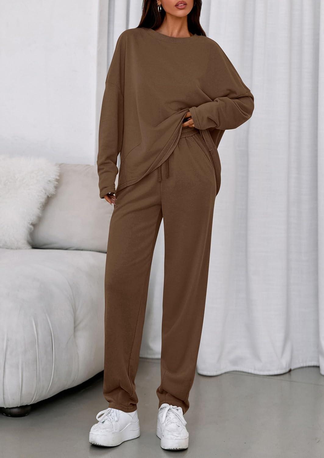 imagePRETTYGARDEN Womens 2 Piece Matching Lounge Sets 2025 Fall Long Sleeve Boatneck Sweatsuit Drawstring Sweatpants PocketsBrown