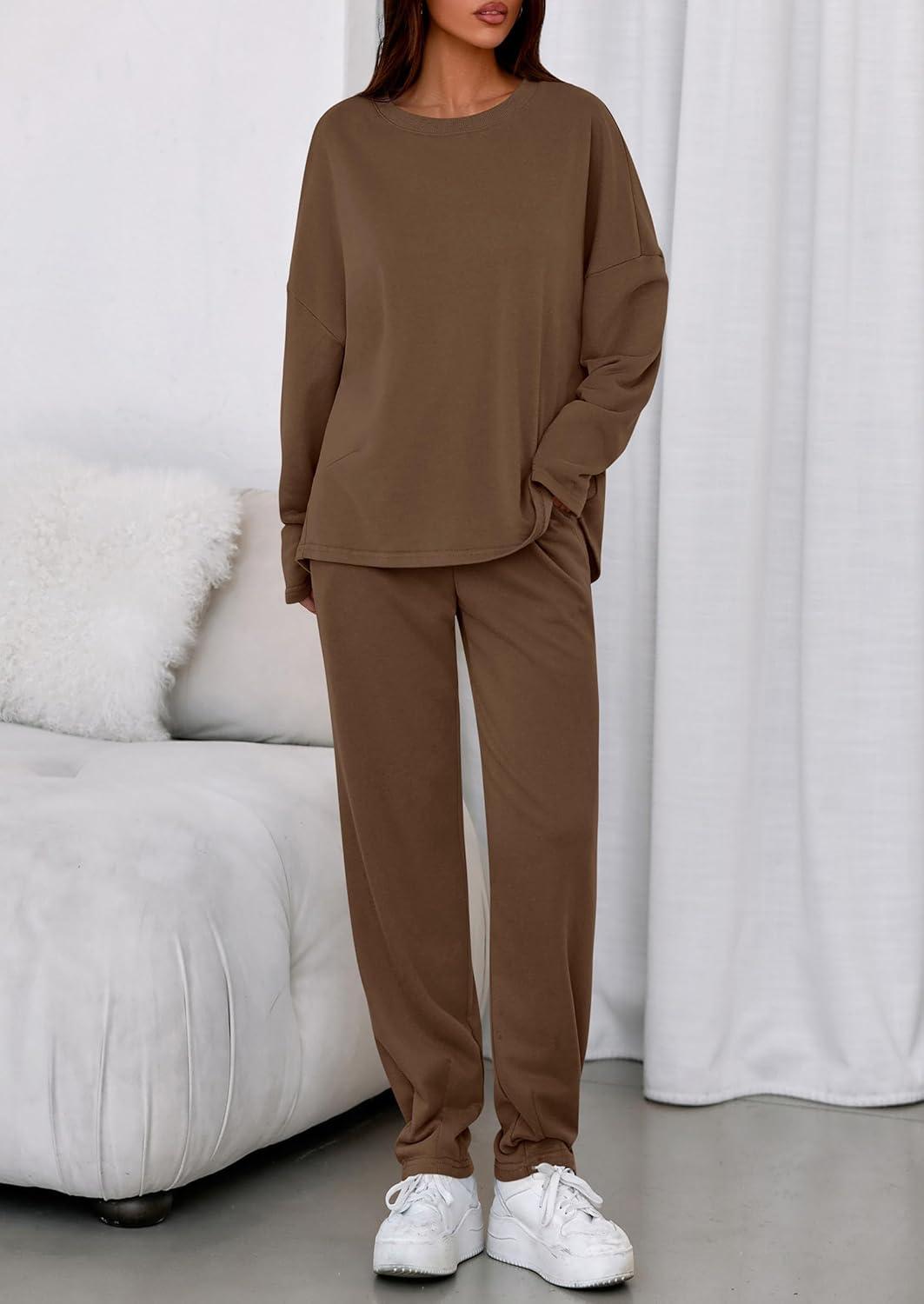 imagePRETTYGARDEN Womens 2 Piece Matching Lounge Sets 2025 Fall Long Sleeve Boatneck Sweatsuit Drawstring Sweatpants PocketsBrown