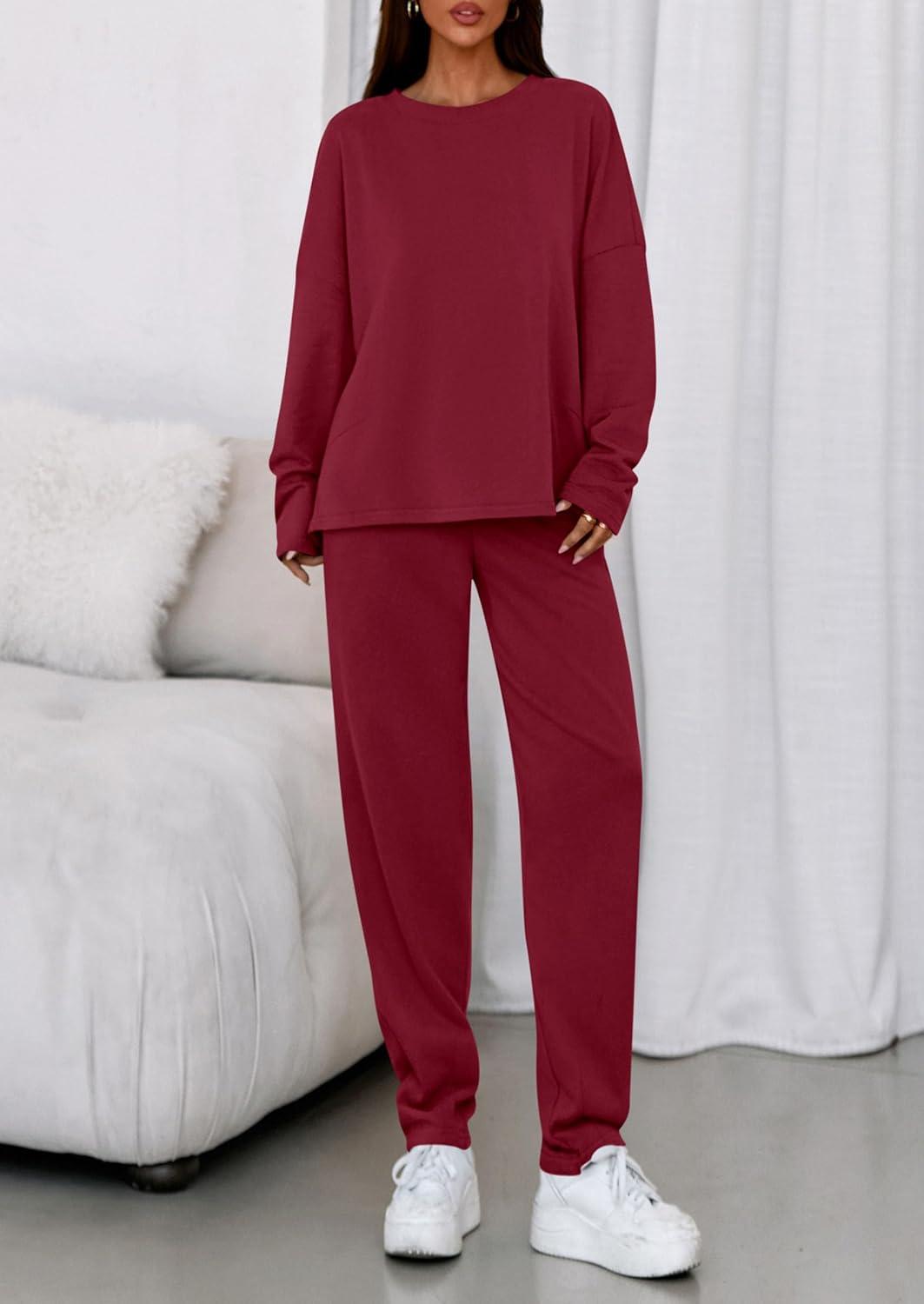 imagePRETTYGARDEN Womens 2 Piece Matching Lounge Sets 2025 Fall Long Sleeve Boatneck Sweatsuit Drawstring Sweatpants PocketsBurgundy