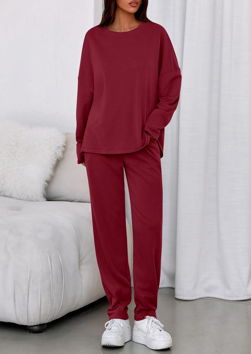 imagePRETTYGARDEN Womens 2 Piece Matching Lounge Sets 2025 Fall Long Sleeve Boatneck Sweatsuit Drawstring Sweatpants PocketsBurgundy