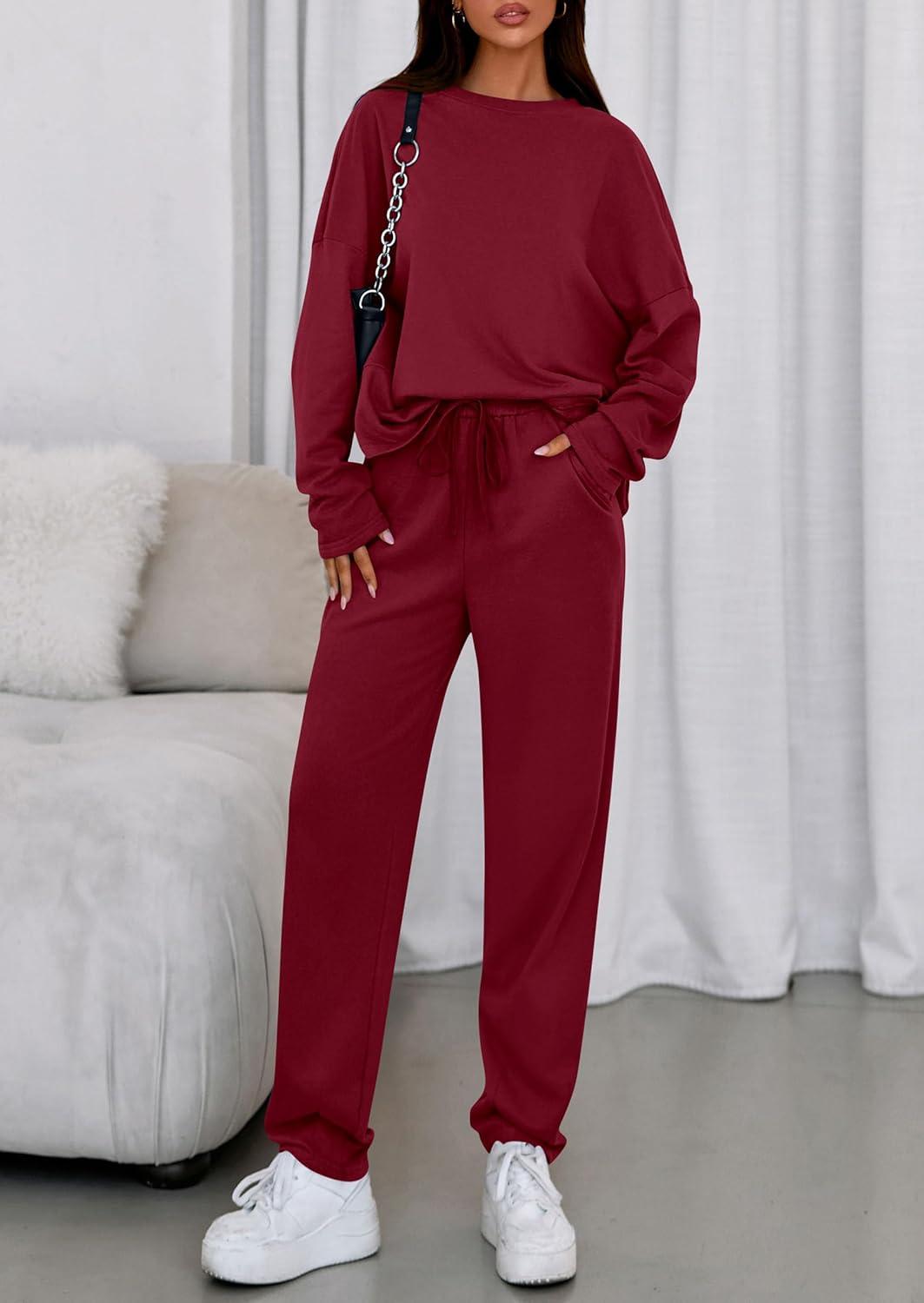 imagePRETTYGARDEN Womens 2 Piece Matching Lounge Sets 2025 Fall Long Sleeve Boatneck Sweatsuit Drawstring Sweatpants PocketsBurgundy
