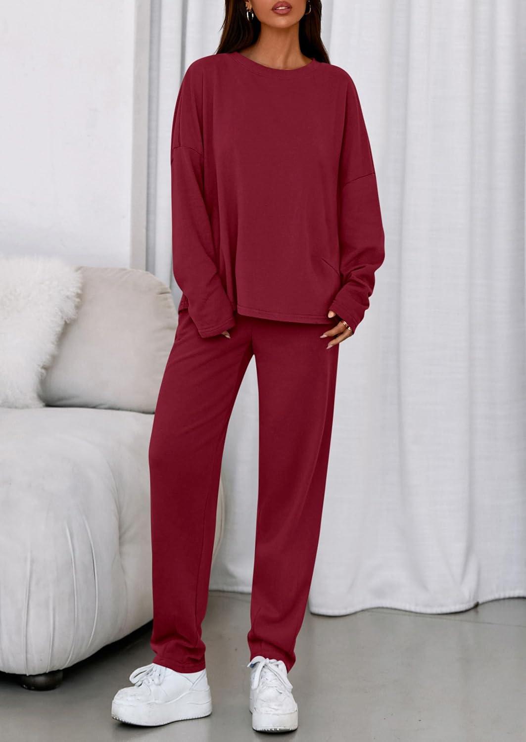 imagePRETTYGARDEN Womens 2 Piece Matching Lounge Sets 2025 Fall Long Sleeve Boatneck Sweatsuit Drawstring Sweatpants PocketsBurgundy