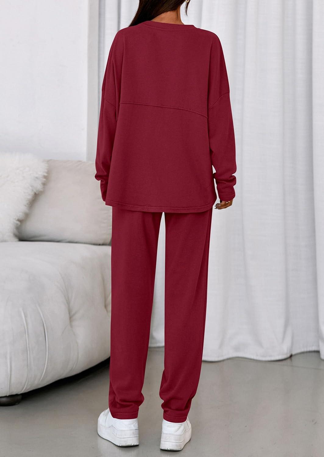 imagePRETTYGARDEN Womens 2 Piece Matching Lounge Sets 2025 Fall Long Sleeve Boatneck Sweatsuit Drawstring Sweatpants PocketsBurgundy