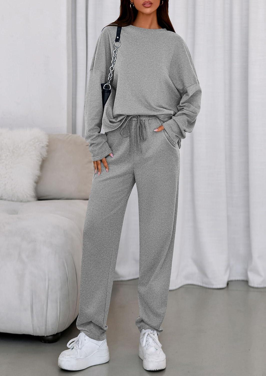 imagePRETTYGARDEN Womens 2 Piece Matching Lounge Sets 2025 Fall Long Sleeve Boatneck Sweatsuit Drawstring Sweatpants PocketsGrey
