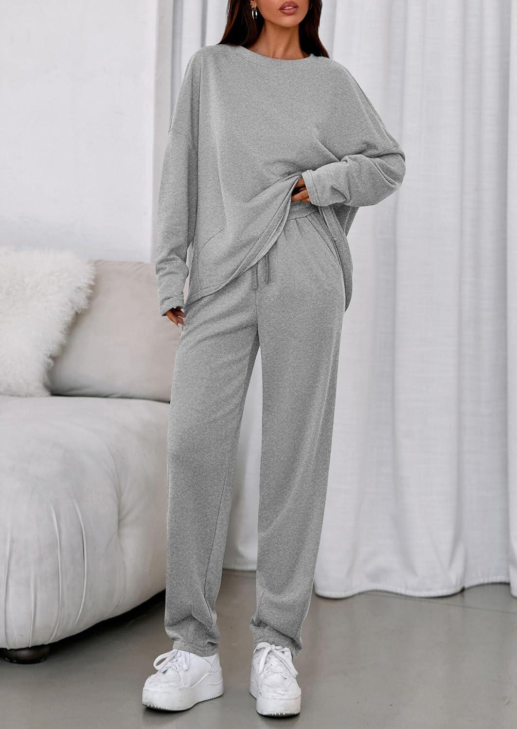 imagePRETTYGARDEN Womens 2 Piece Matching Lounge Sets 2025 Fall Long Sleeve Boatneck Sweatsuit Drawstring Sweatpants PocketsGrey