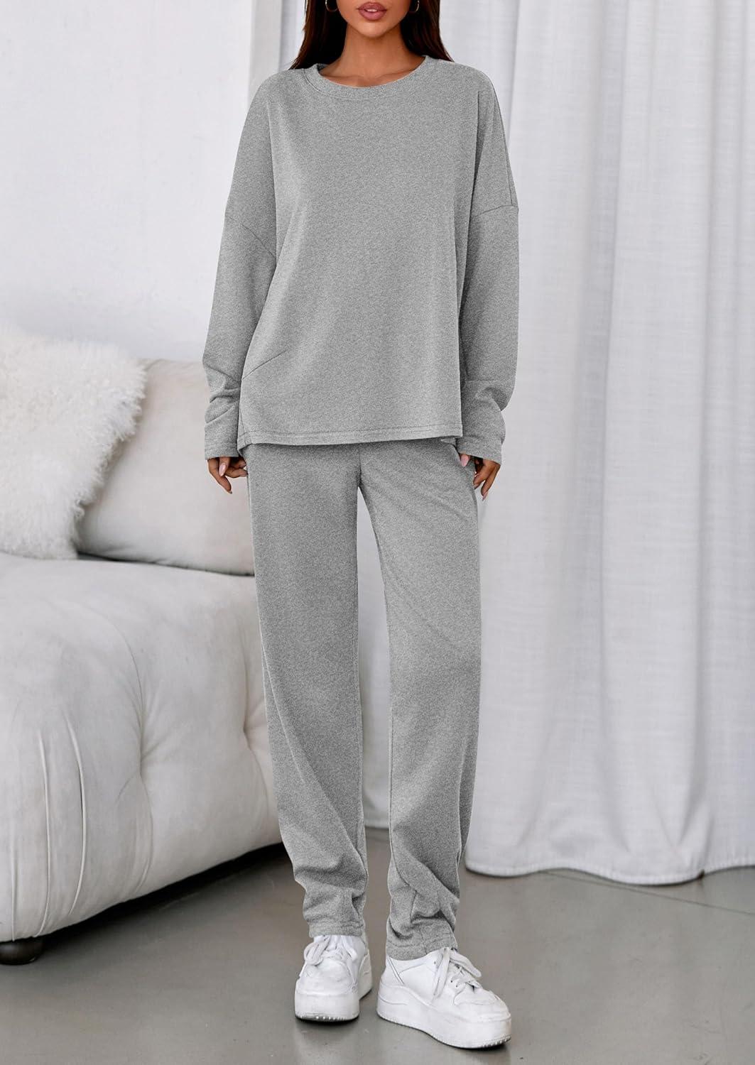 imagePRETTYGARDEN Womens 2 Piece Matching Lounge Sets 2025 Fall Long Sleeve Boatneck Sweatsuit Drawstring Sweatpants PocketsGrey
