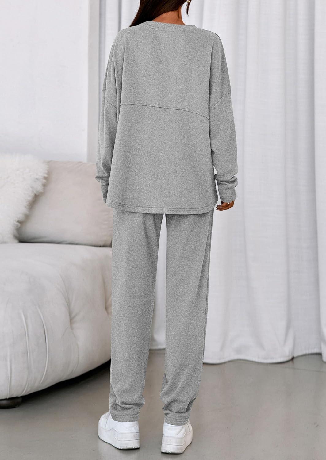imagePRETTYGARDEN Womens 2 Piece Matching Lounge Sets 2025 Fall Long Sleeve Boatneck Sweatsuit Drawstring Sweatpants PocketsGrey