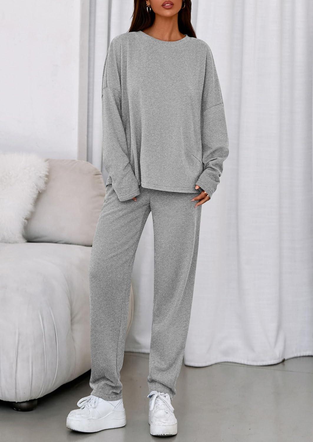 imagePRETTYGARDEN Womens 2 Piece Matching Lounge Sets 2025 Fall Long Sleeve Boatneck Sweatsuit Drawstring Sweatpants PocketsGrey