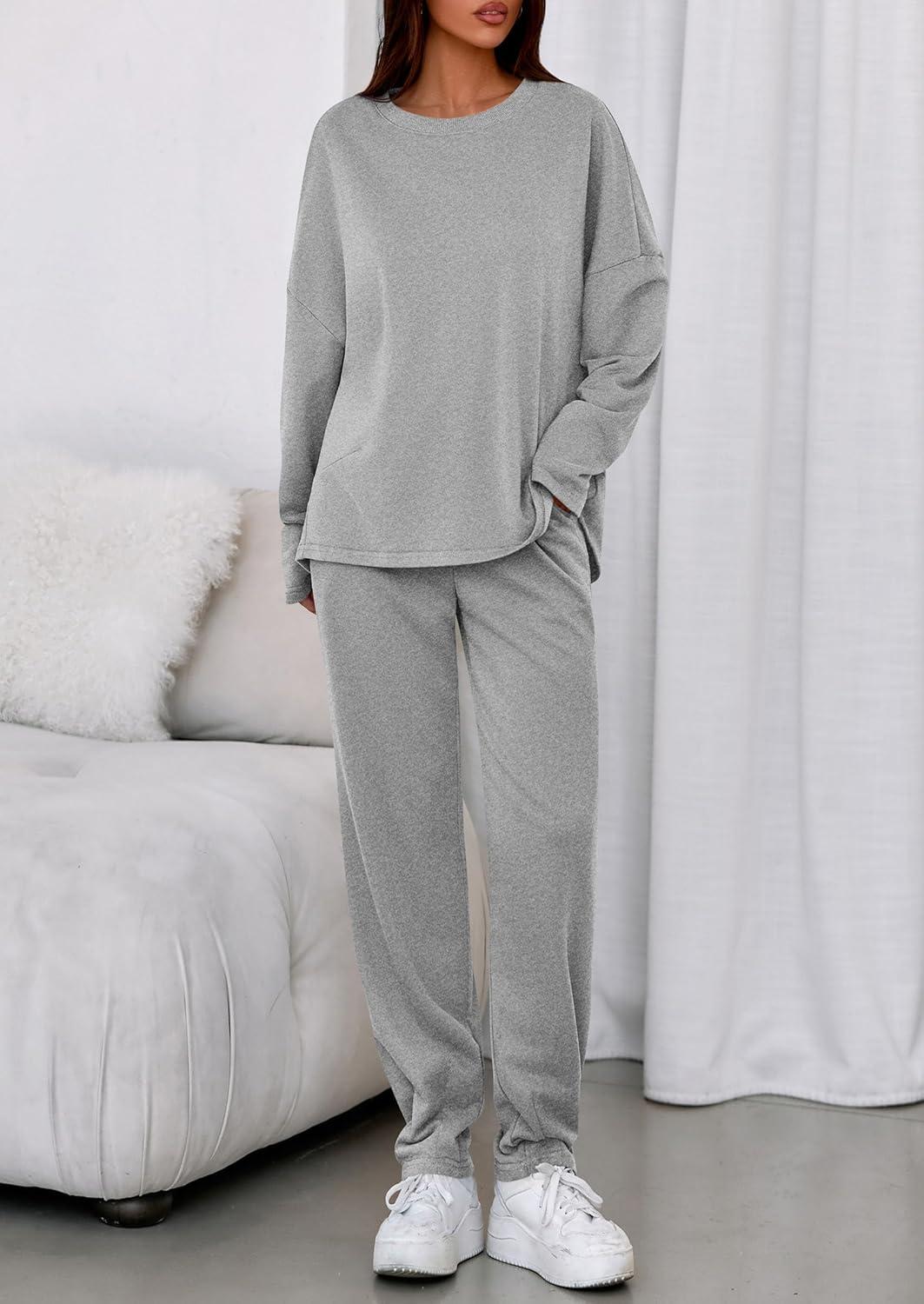 imagePRETTYGARDEN Womens 2 Piece Matching Lounge Sets 2025 Fall Long Sleeve Boatneck Sweatsuit Drawstring Sweatpants PocketsGrey